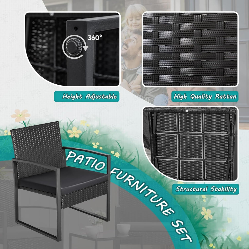3 Piece Wicker Conversation Bistro Set Outdoor Patio Furniture Black Rattan Chairs Coffee Table For Garden Lawn Porch-4