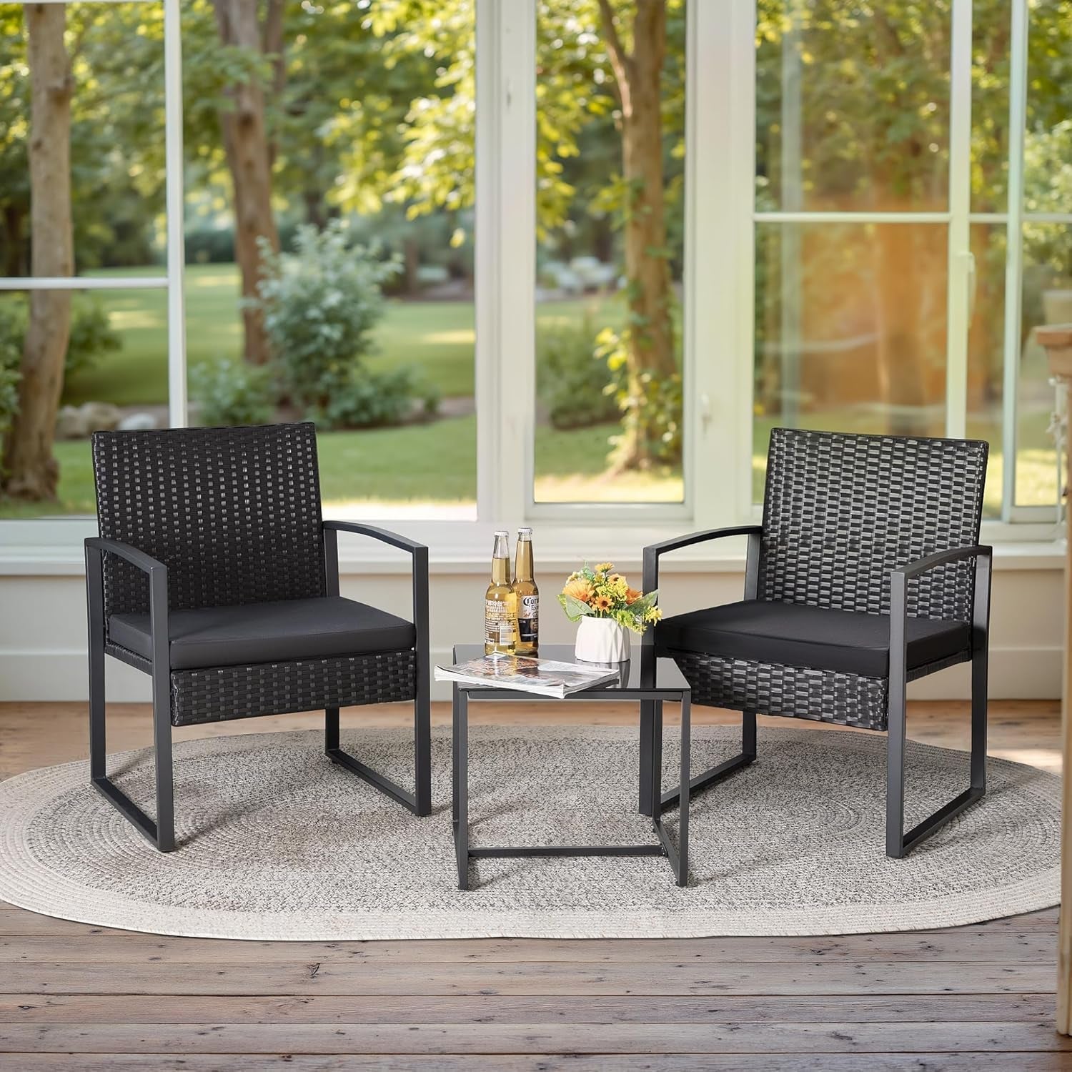 3 Piece Wicker Conversation Bistro Set Outdoor Patio Furniture Black Rattan Chairs Coffee Table For Garden Lawn Porch-2