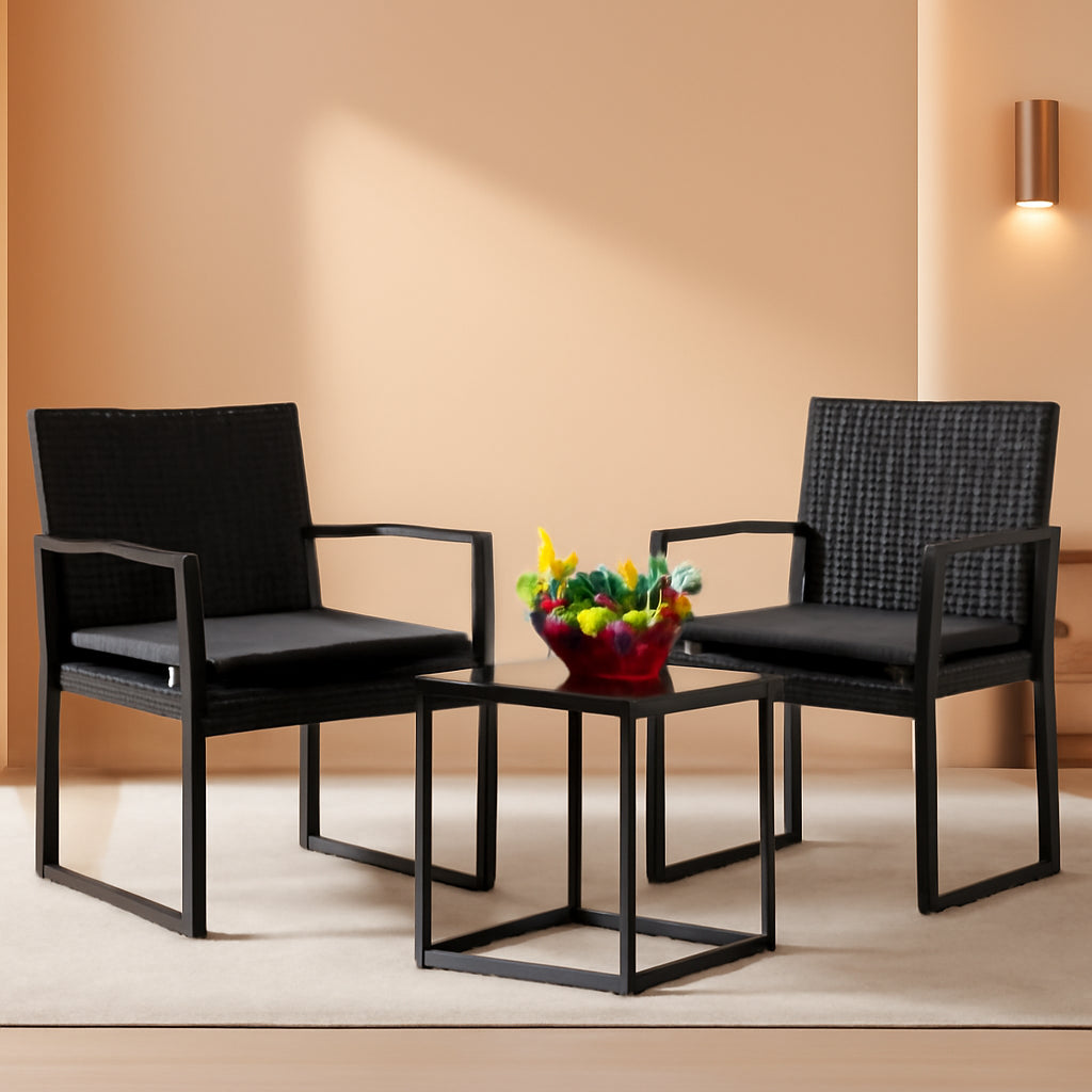 3 Piece Wicker Conversation Bistro Set Outdoor Patio Furniture Black Rattan Chairs Coffee Table For Garden Lawn Porch-0