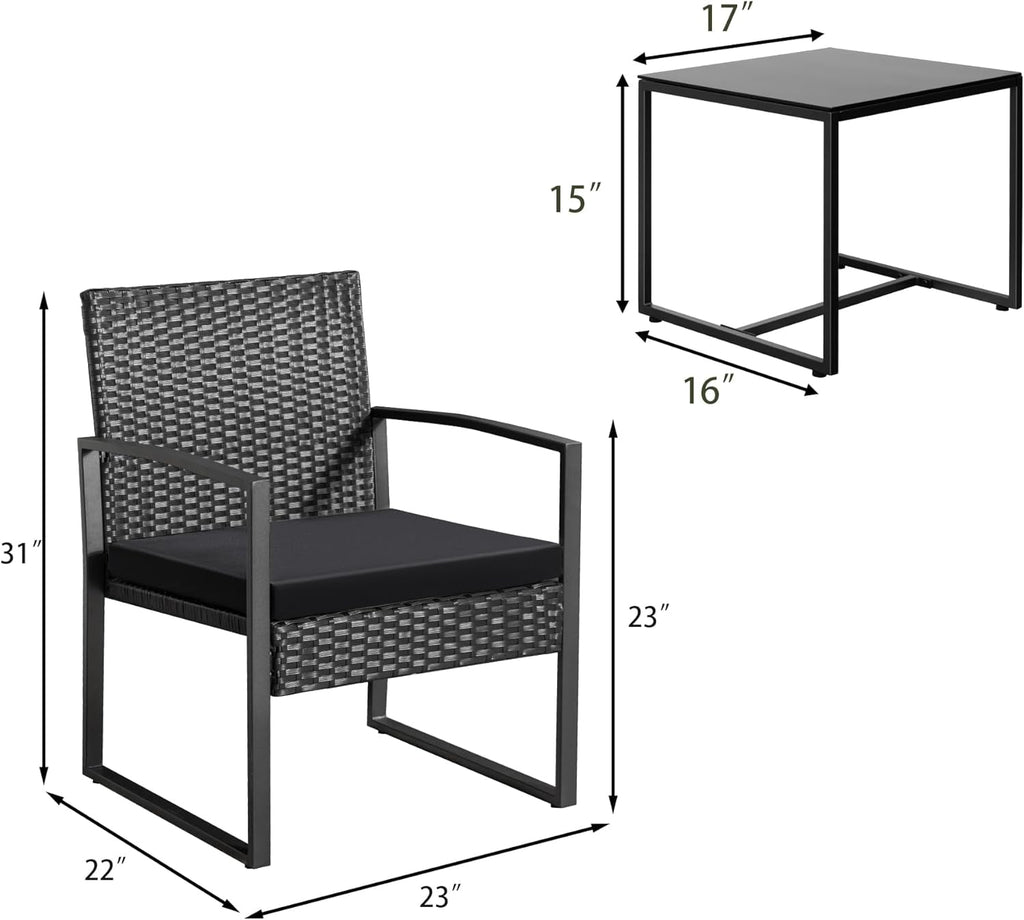 3 Piece Wicker Conversation Bistro Set Outdoor Patio Furniture Black Rattan Chairs Coffee Table For Garden Lawn Porch-3