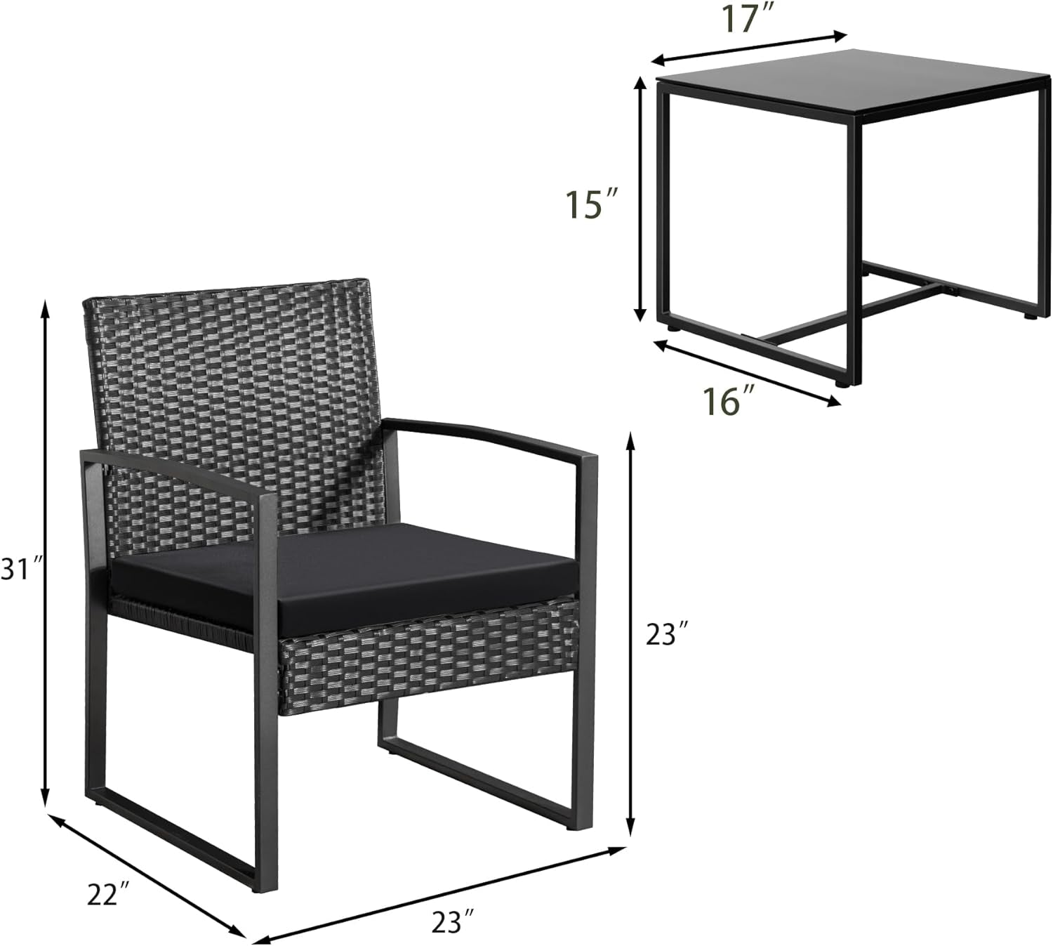 3 Piece Wicker Conversation Bistro Set Outdoor Patio Furniture Black Rattan Chairs Coffee Table For Garden Lawn Porch-3