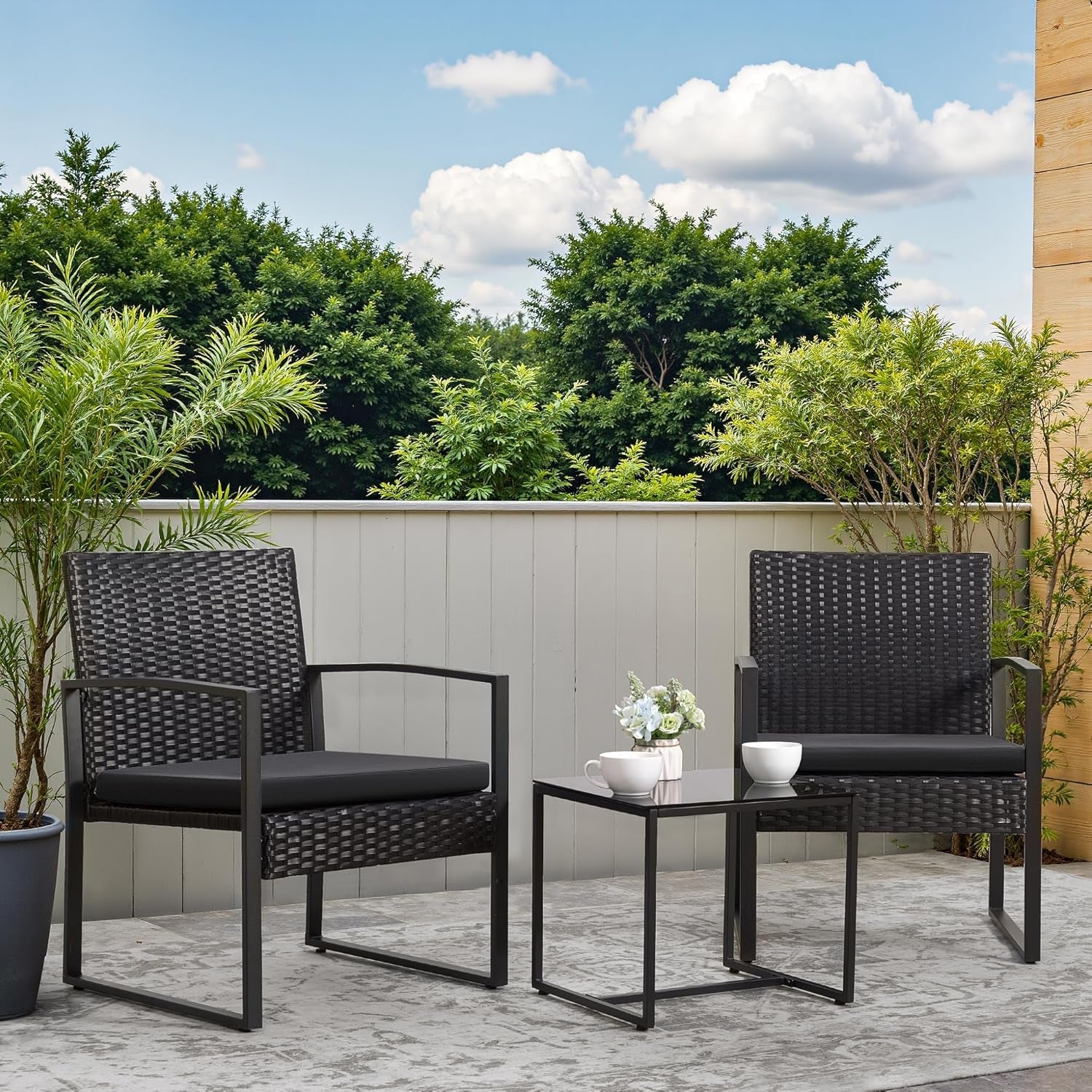 3 Piece Wicker Conversation Bistro Set Outdoor Patio Furniture Black Rattan Chairs Coffee Table For Garden Lawn Porch-1