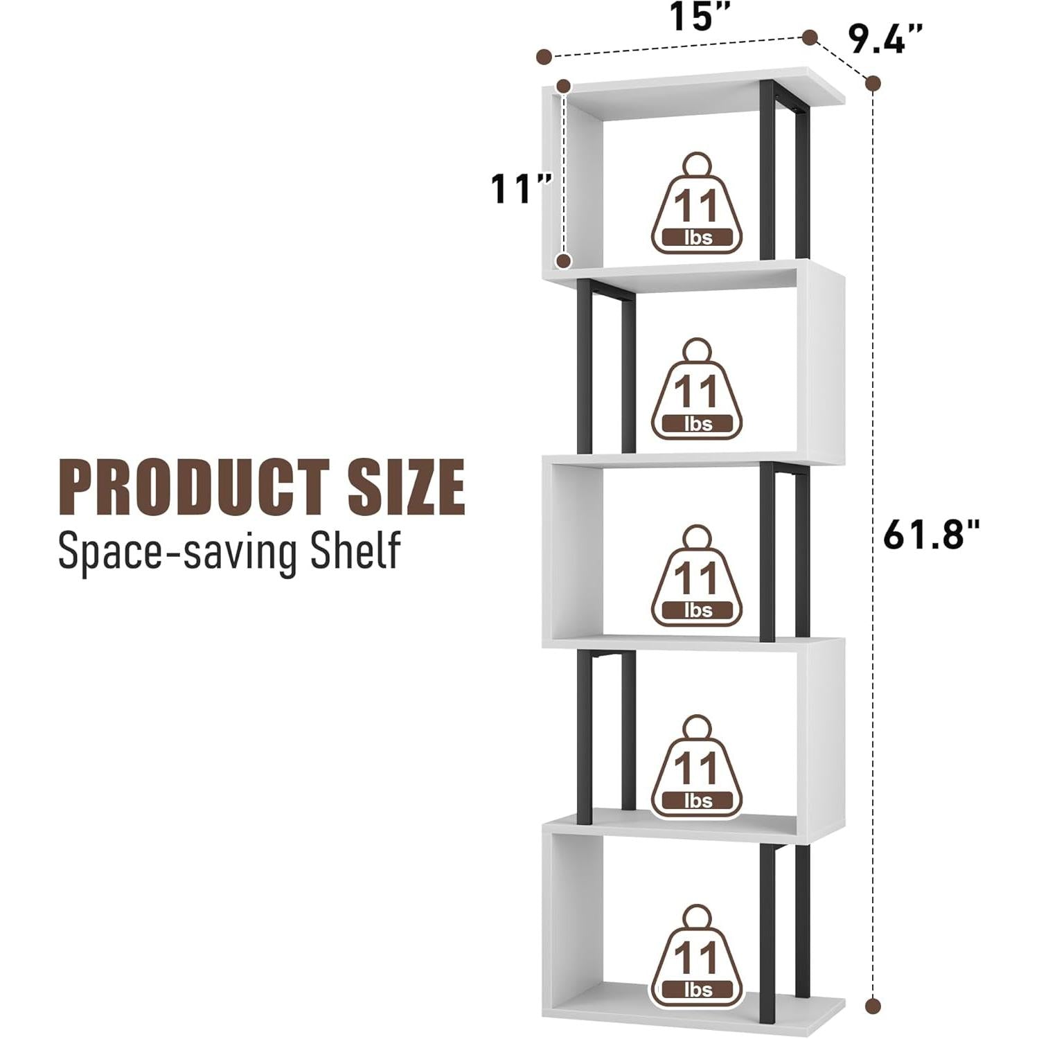 Five Tier Bookshelf White Bookcase Living Room Furniture-2