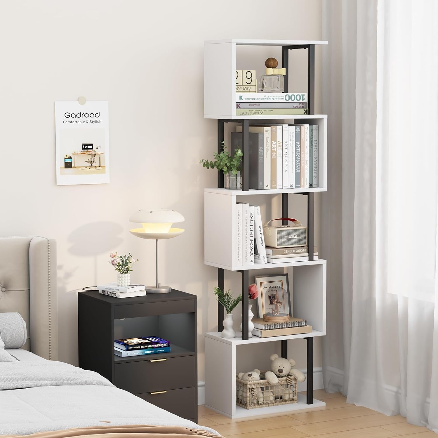 Five Tier Bookshelf White Bookcase Living Room Furniture-1